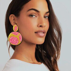 Beautiful Pink Peony Yellow Round Seed Beaded Statement Earrings NEW